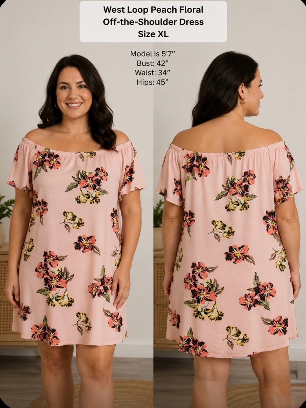 West Loop Peach Floral Off-the-Shoulder Dress Mini Cottagecore Stretchy